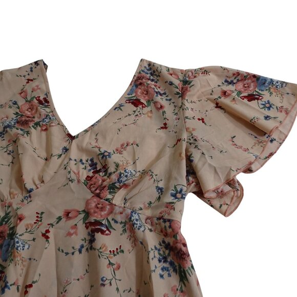 Pink Floral Print V-Neck Blouse Cinched Waist Womens Size L Short Sleeve - Picture 2 of 9